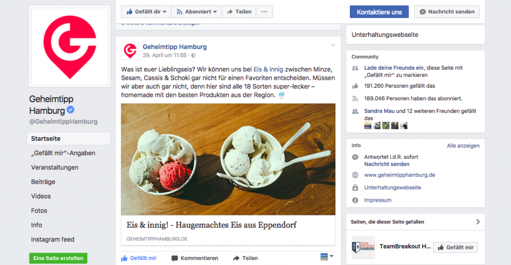 Eis & innig Screenshot Geheimtipp Hamburg Facebook Post Blogbeitrag